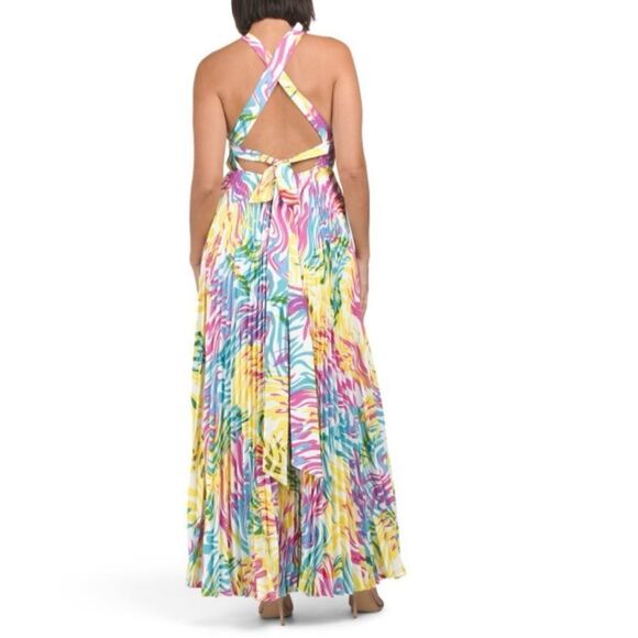 Milly Oria Waves of Zerbra Pleated Halter Maxi Dress Yellow Pink Multi Size 4 - Picture 4 of 15